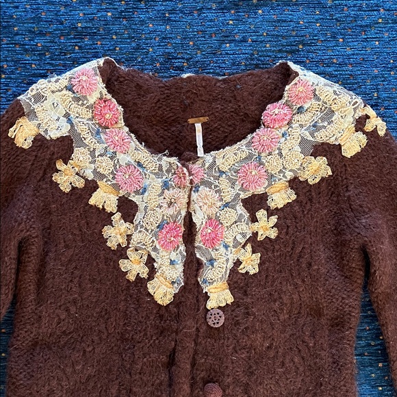 Free People Cottagecore Brown Cardigan with Floral beading and lace Embroidery - Picture 2 of 13